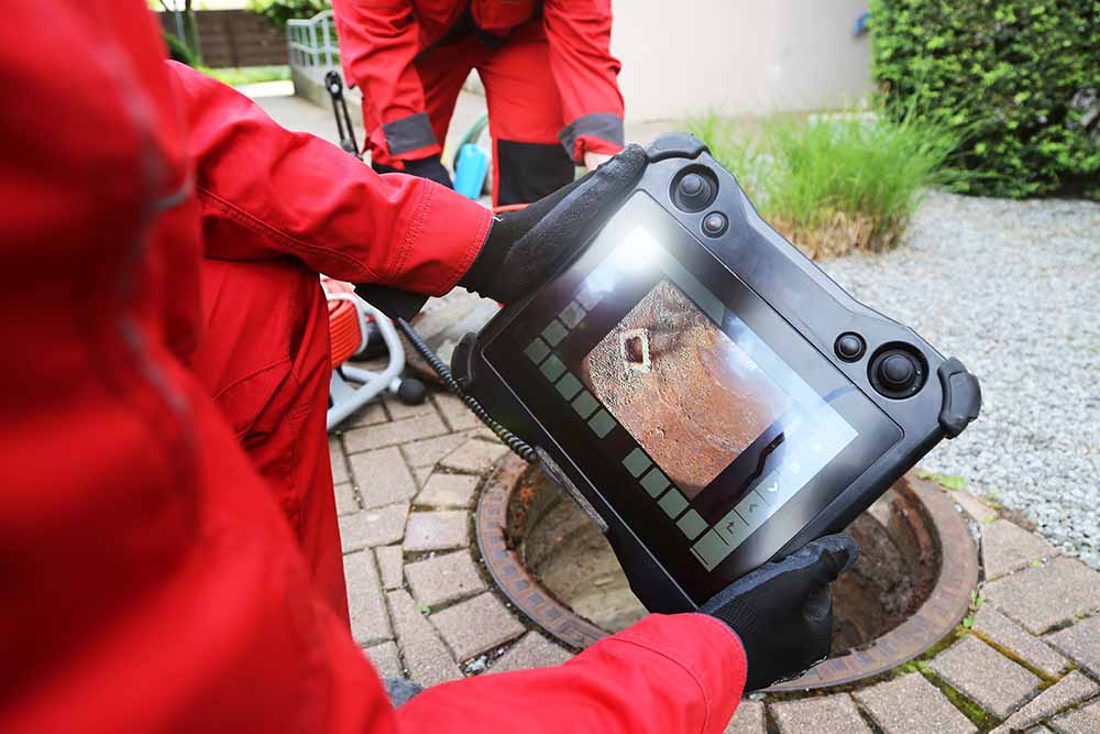 Plumber conducting a sewer camera inspection