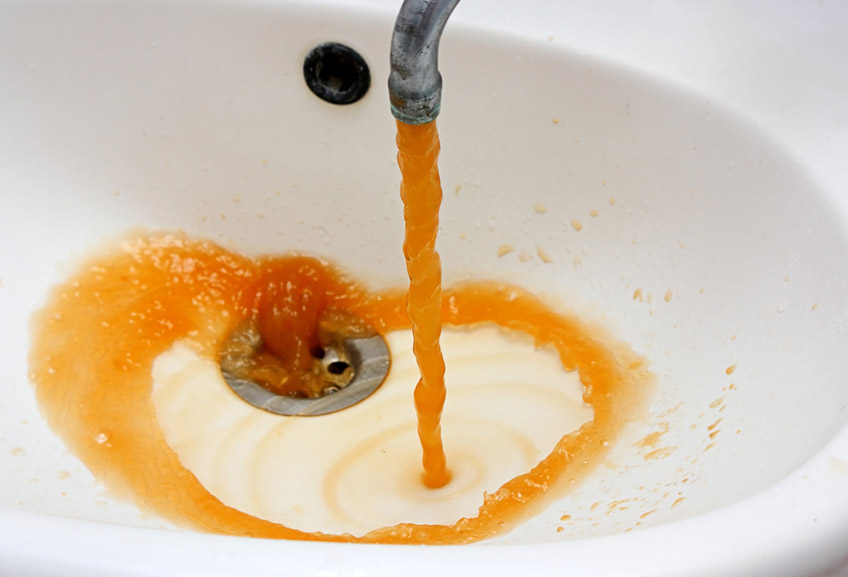 Color photography of a rusty water what run from a faucet