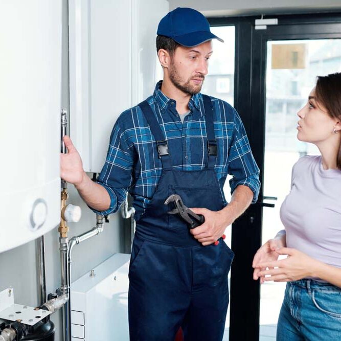 Young master of household maintenance service consulting one of clients